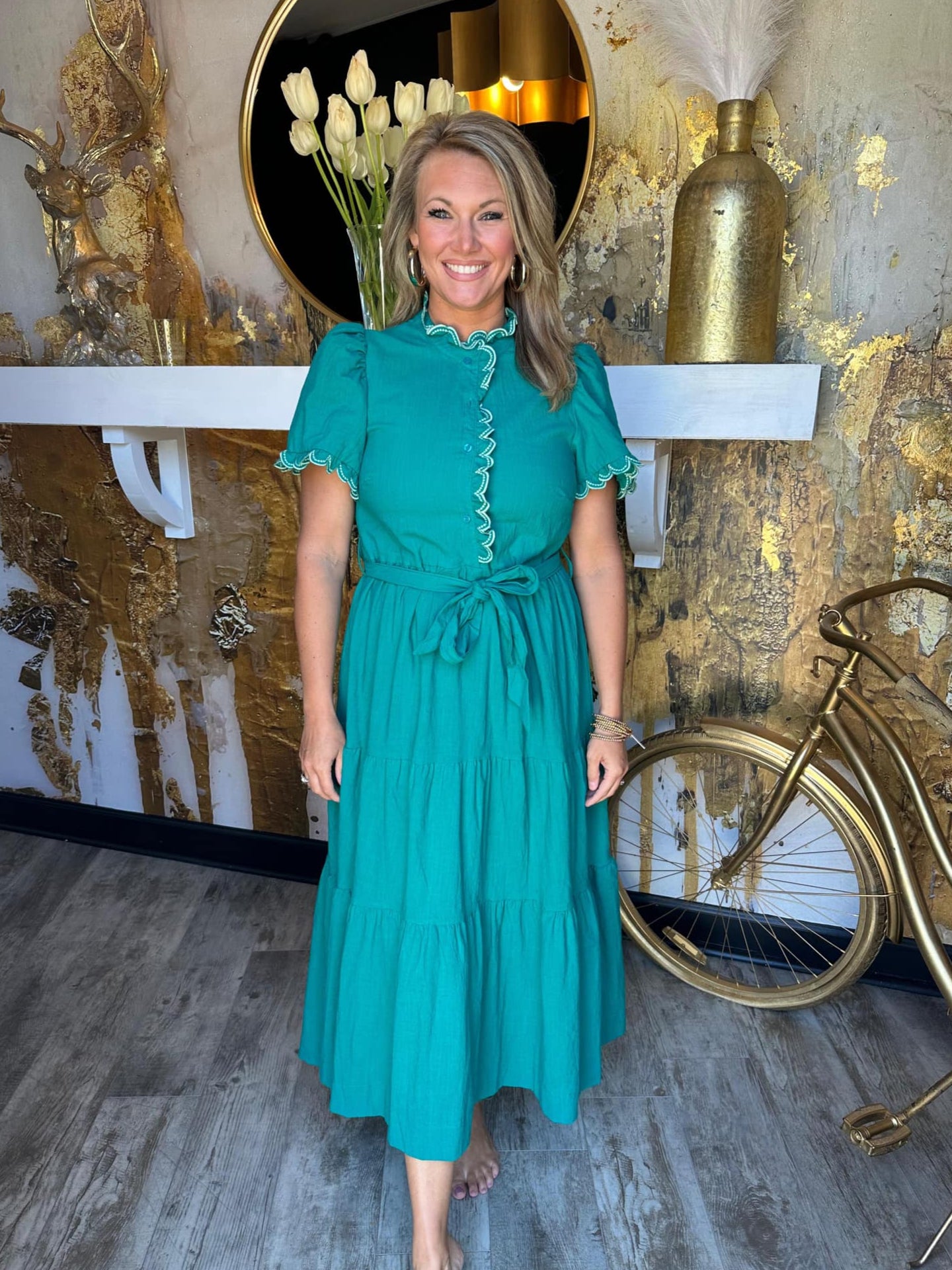 Teal Green Scalloped Button-Up Midi Dress