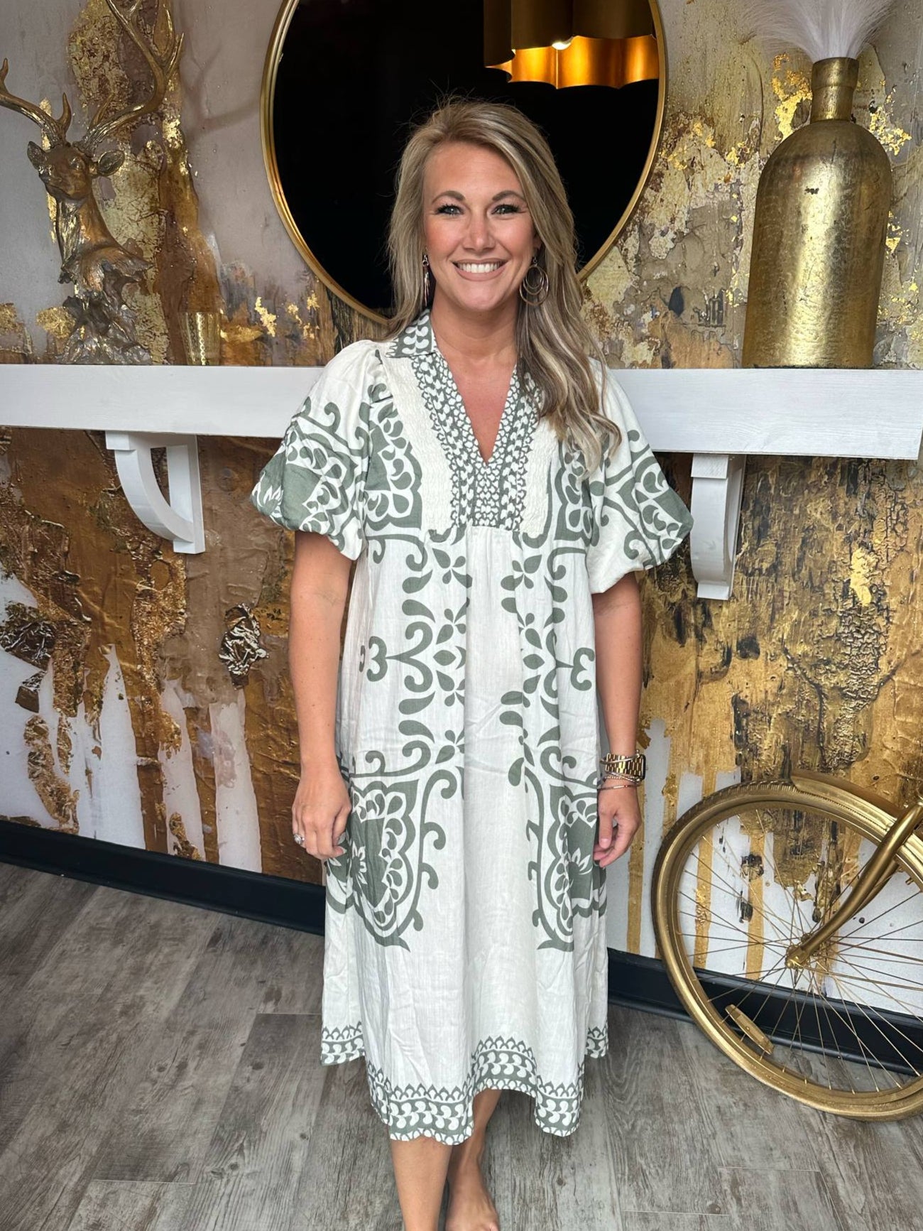 Sage Abstract Border Print Midi Dress