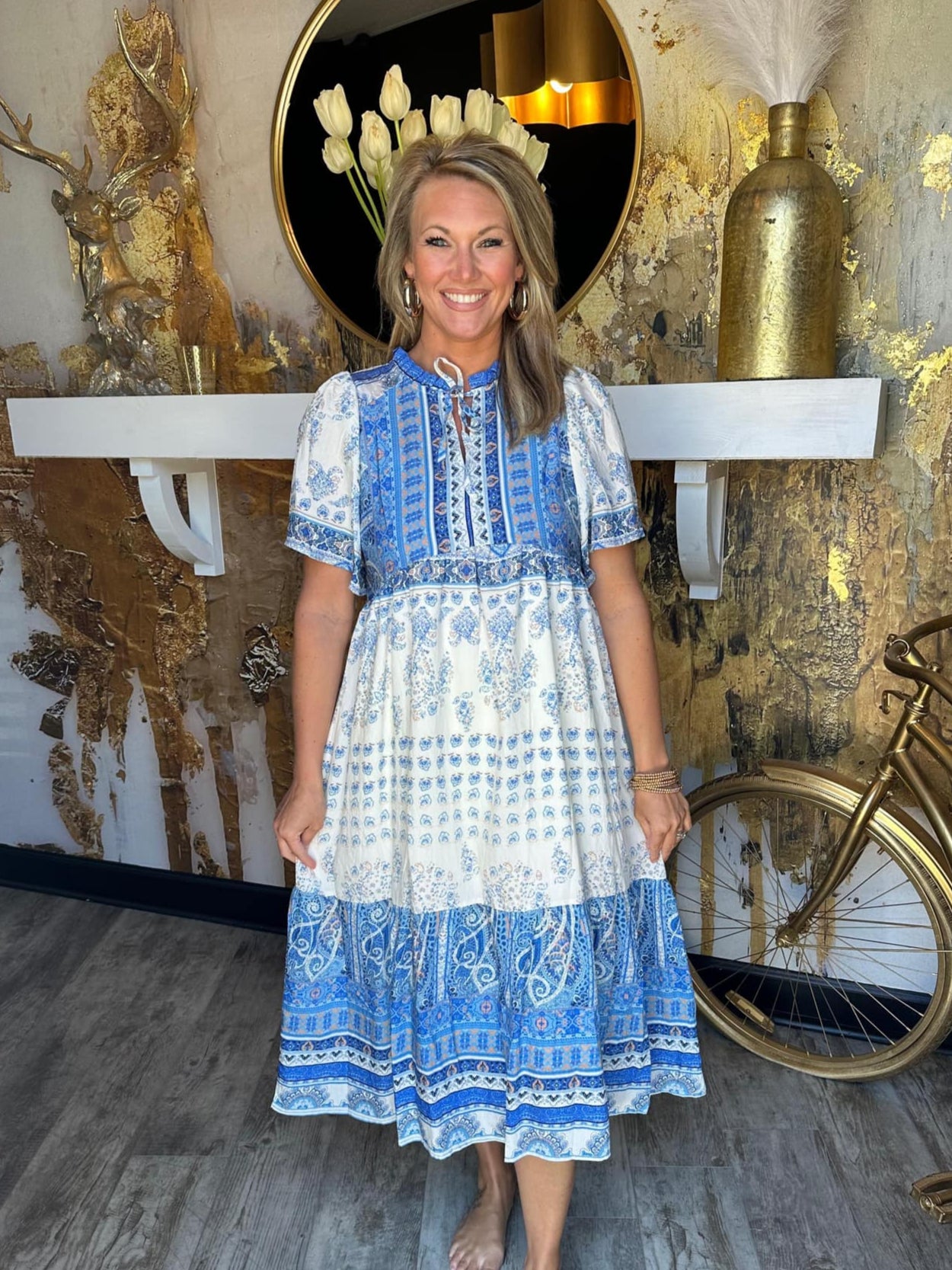 Blue Paisley V-Neck Midi Dress