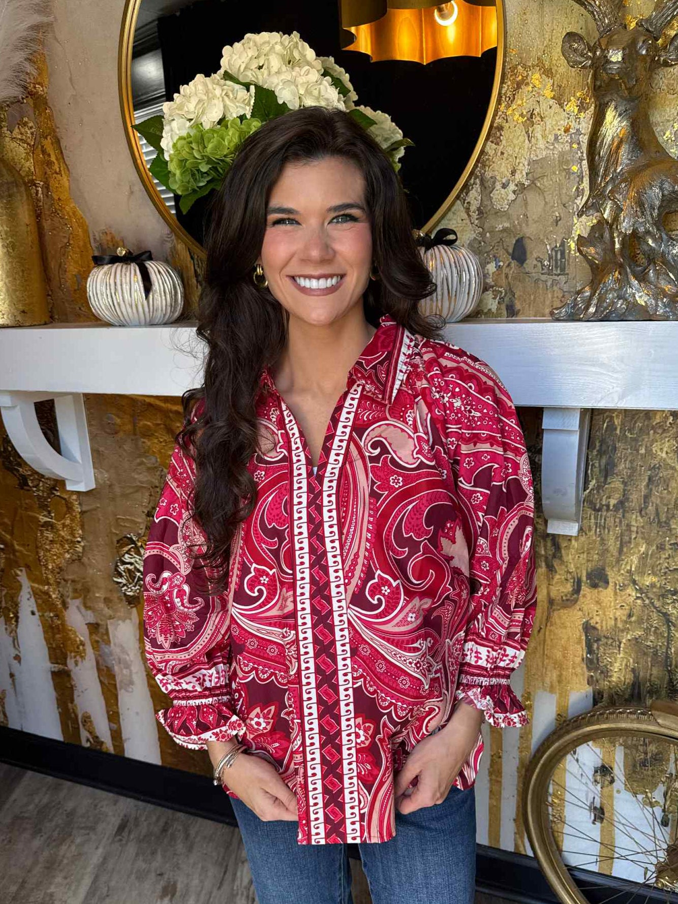 Wine Mix Paisley Print Button-Down Blouse