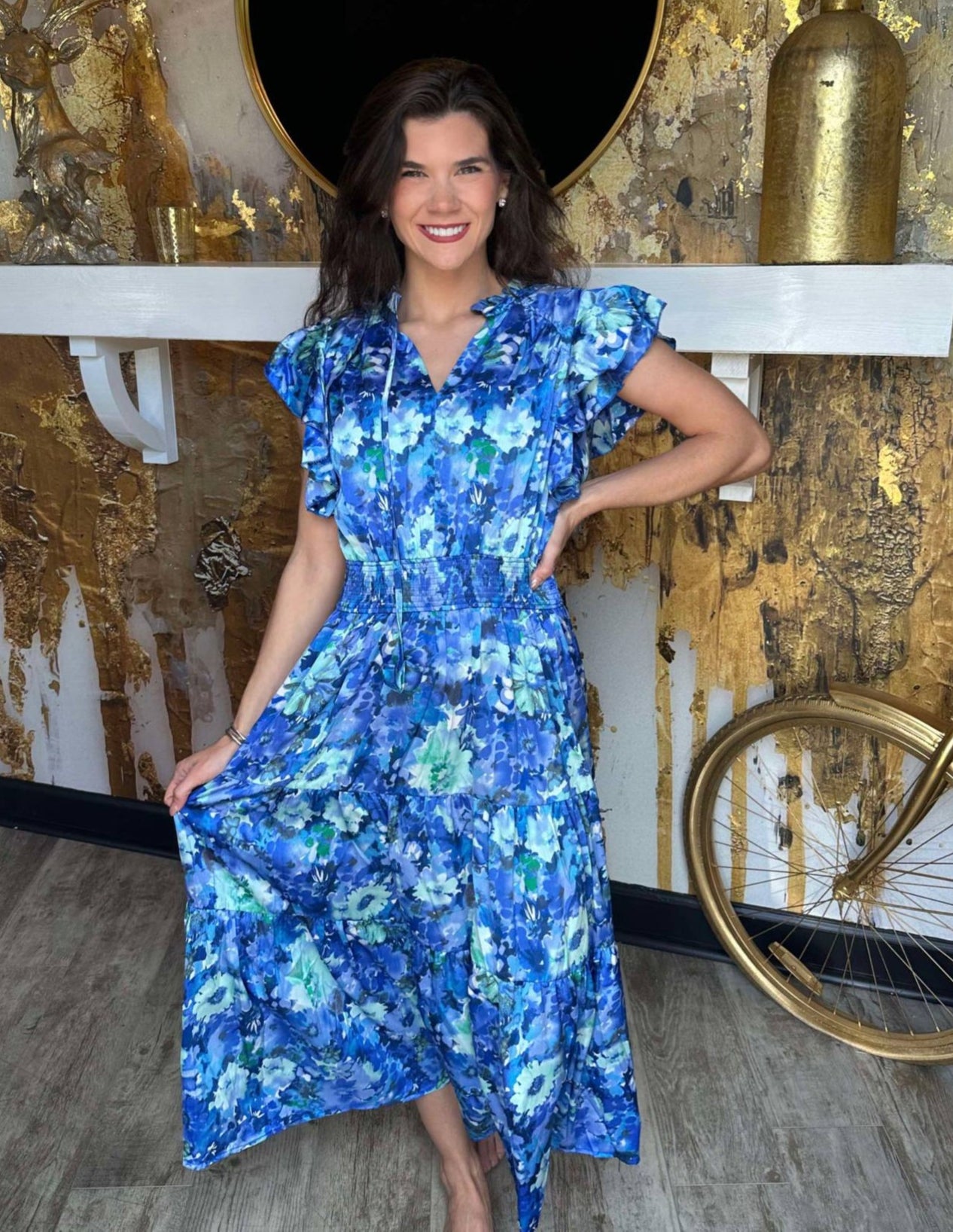 Azure Satin Floral A-Line Tiered Maxi Dress