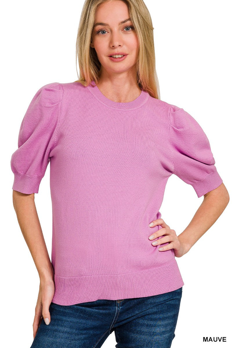 Mauve Viscose Puff Short Sleeve Sweater