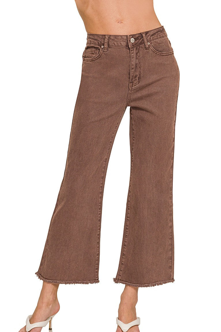 Rum Brown Acid Washed High Waist Frayed Hem Bootcut Pants
