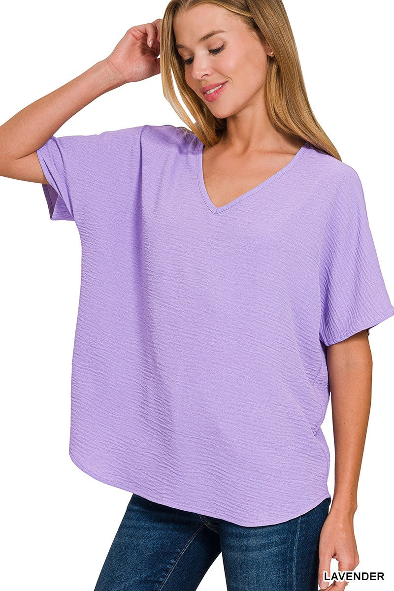 Lavender Woven Airflow V-neck Short Sleeve Top