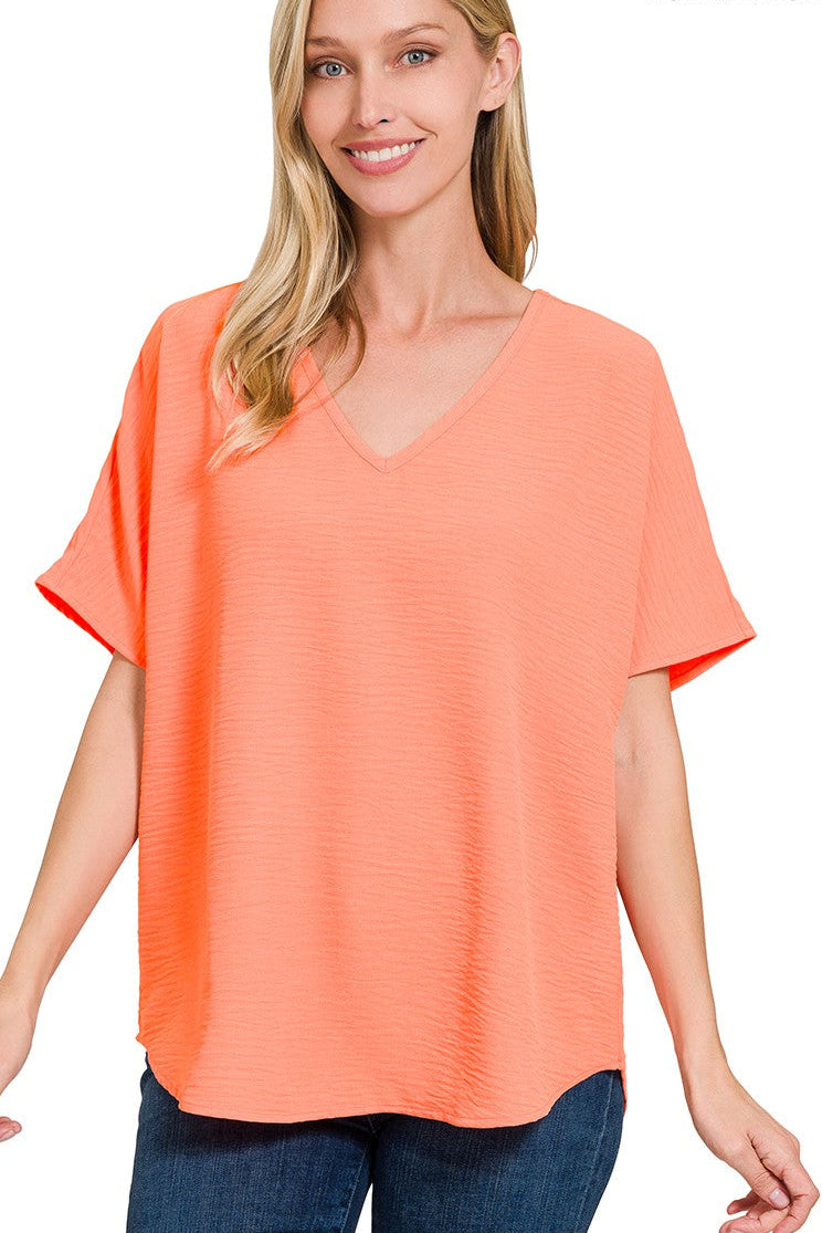 Coral Woven Airflow V-neck Short Sleeve Top