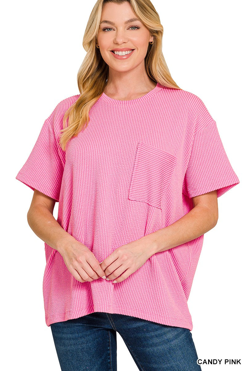 Candy Pink Raised Rib Short Sleeve Front Pocket Top
