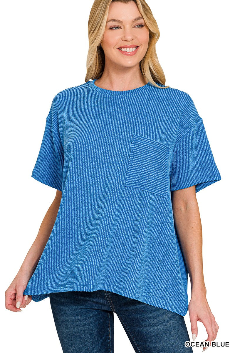 Ocean Blue Raised Rib Short Sleeve Front Pocket Top