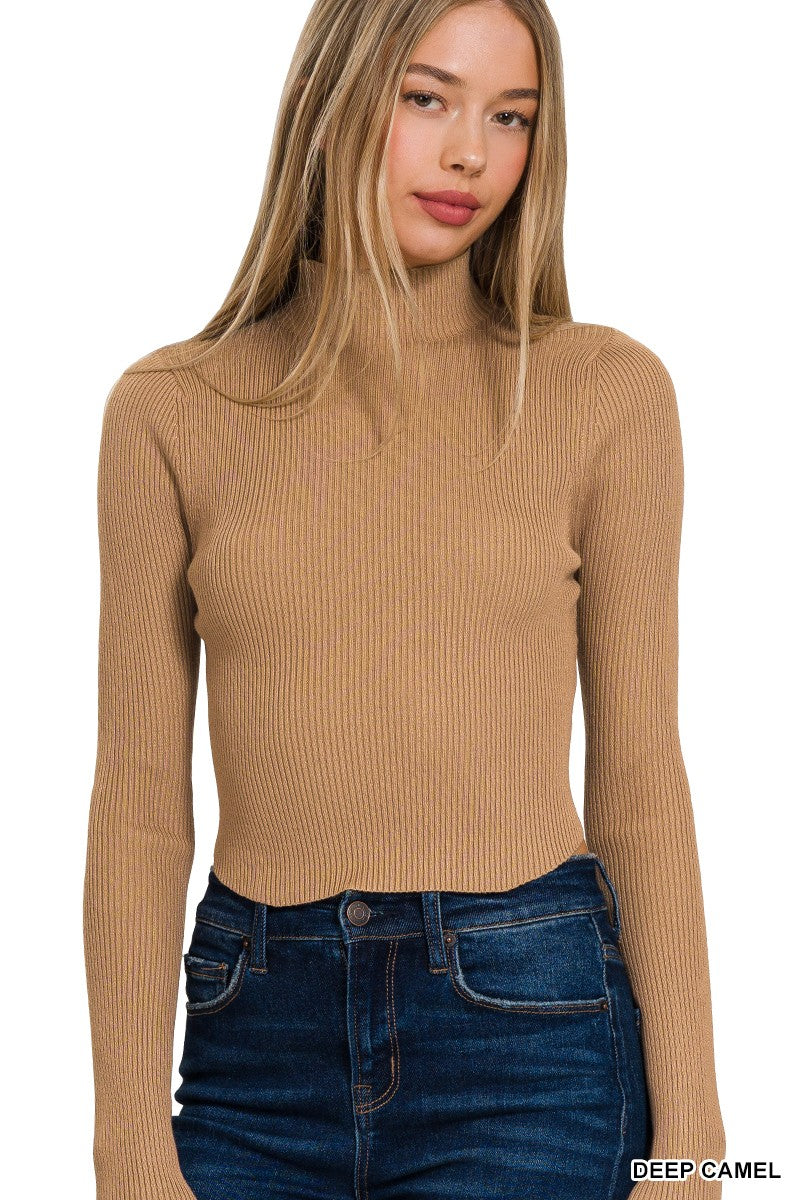 Sand Beige Ribbed Cropped Curved-hem Turtleneck Sweater