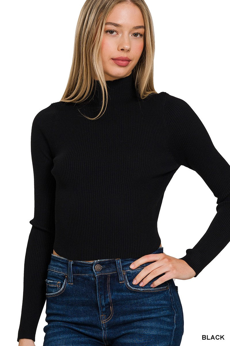 Black Ribbed Cropped Curved-hem Turtleneck Sweater