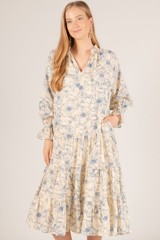 French Blue Floral Print Cotton Midi Dress