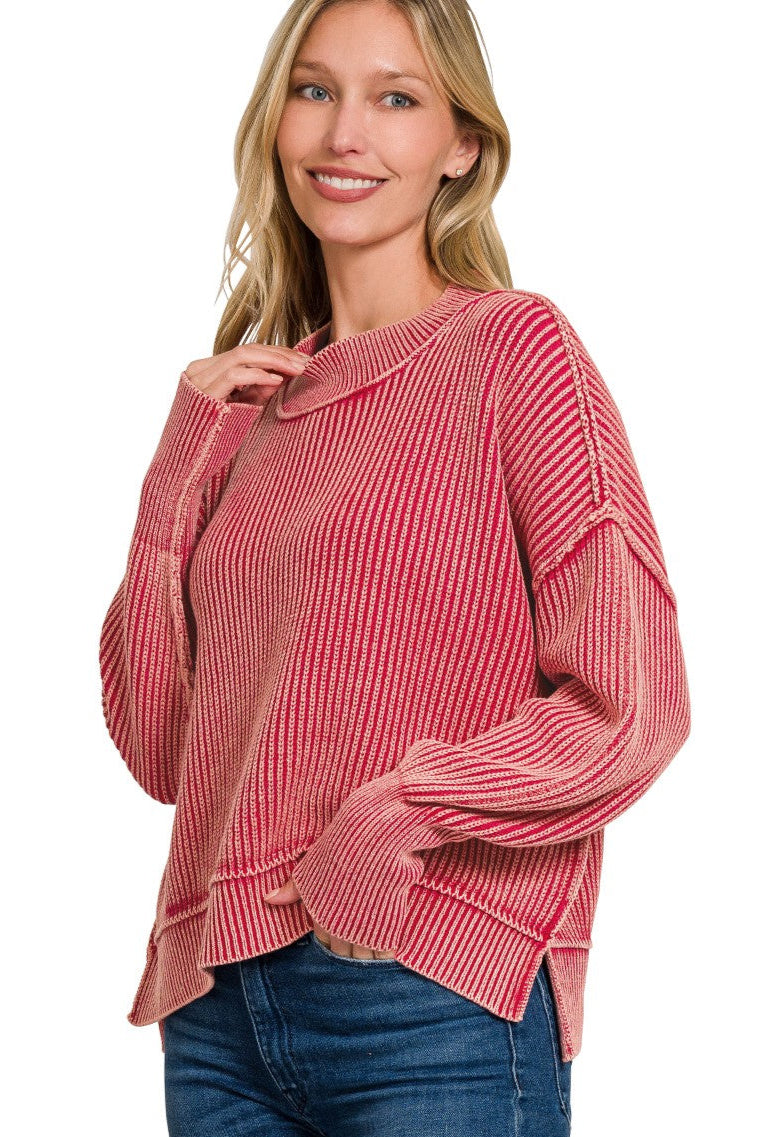 Dark Red Washed Side Slit Oversized Cropped Sweater