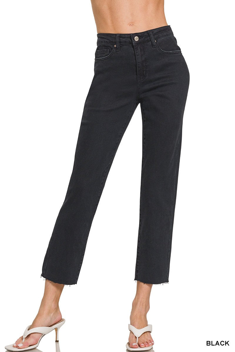 Black Acid Washed High Waist Cropped Straight Pants