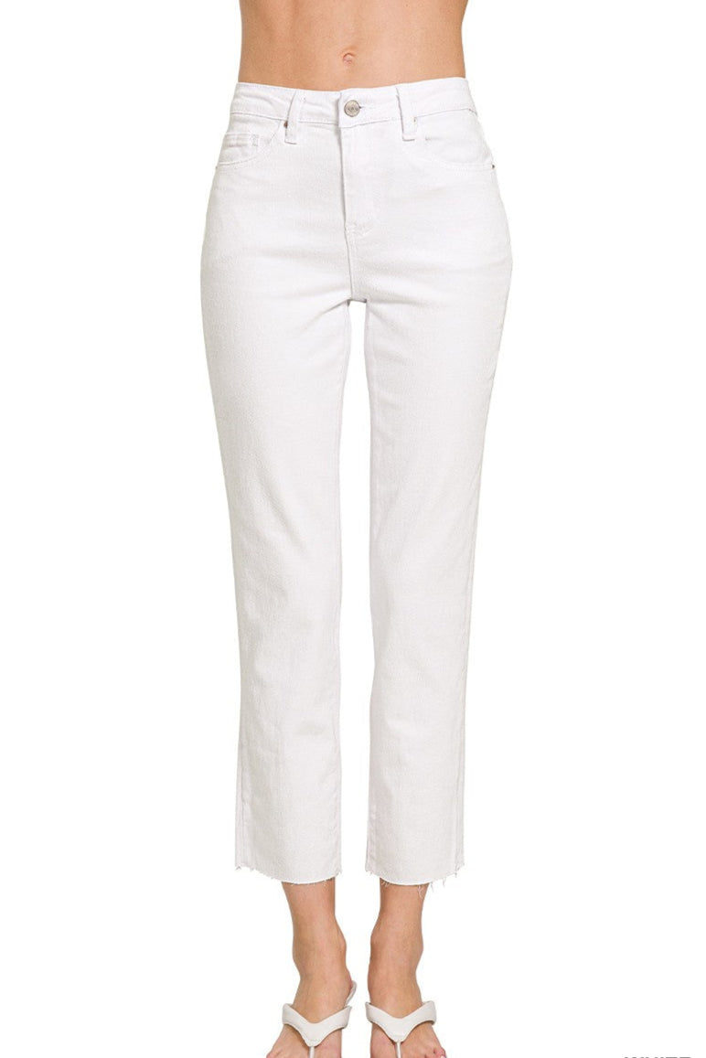 White Acid Washed High Waist Cropped Straight Pants