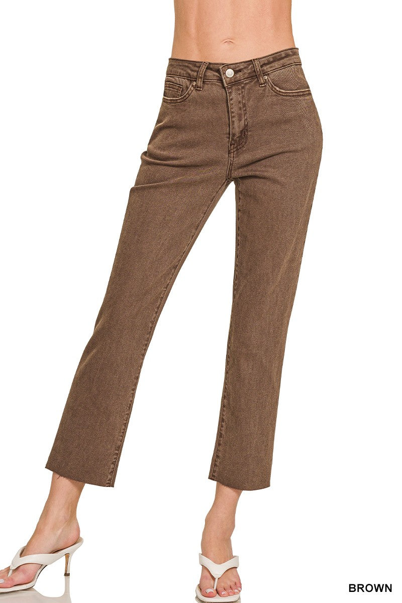 Brown Acid Washed High Waist Cropped Straight Pants