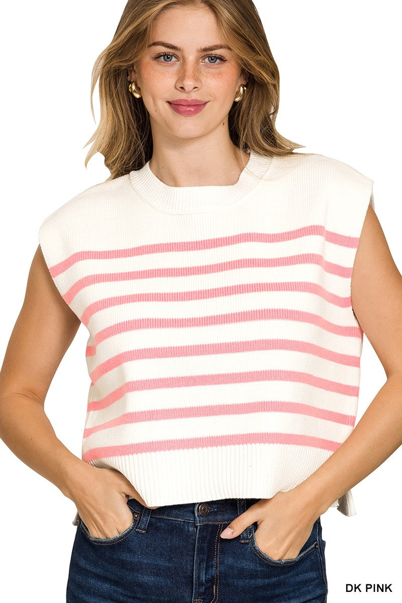 Pink Oversized Crew Neck Stripe Sweater Vest