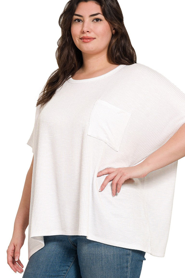 Plus Off White Corded Rib Oversized Short-sleeve Top