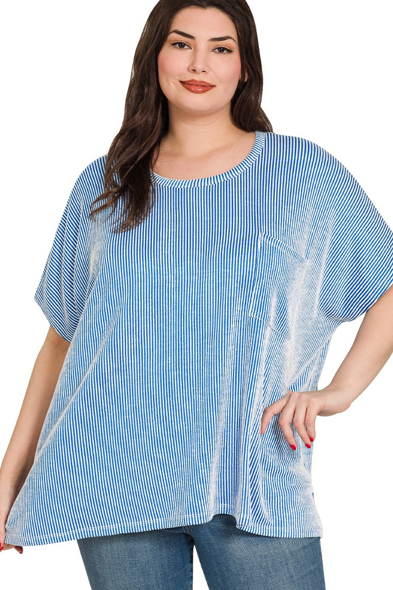Plus Ocean Blue Corded Rib Oversized Short-sleeve Top
