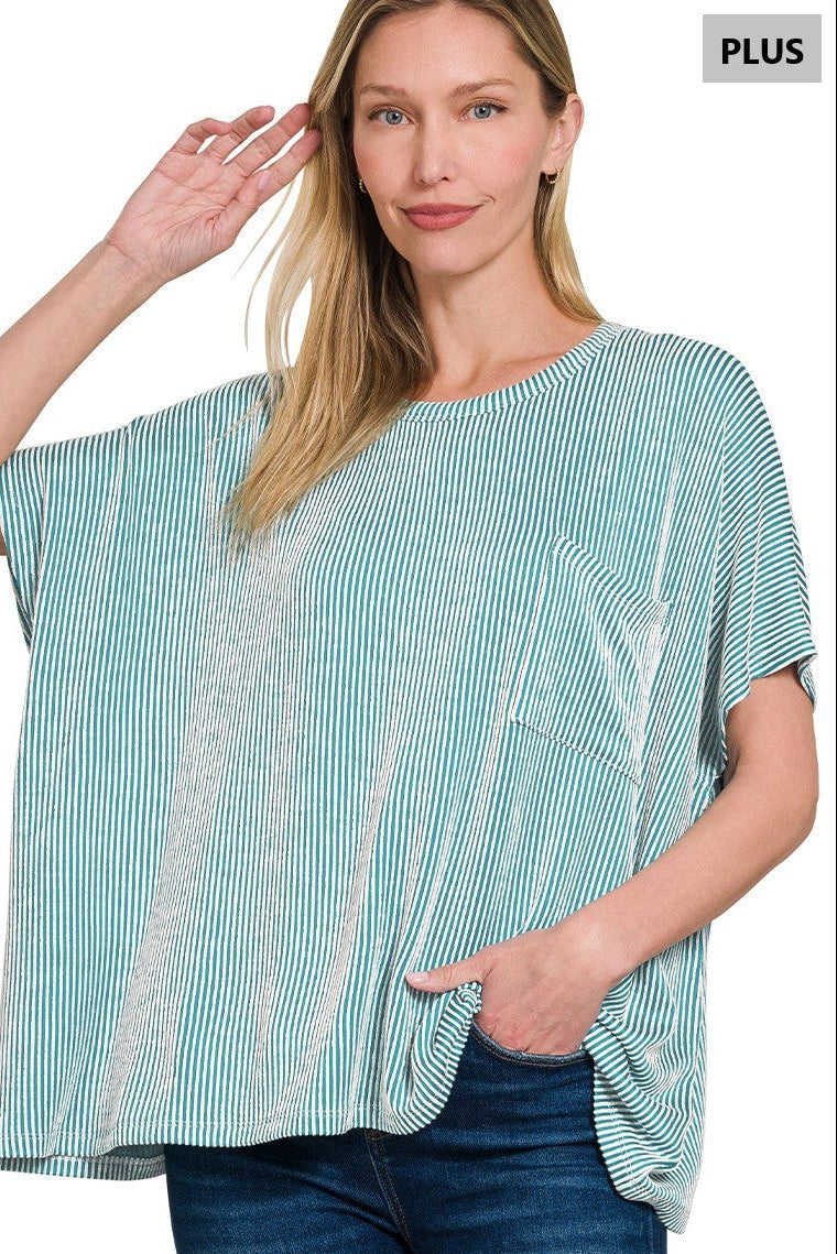 Plus Light Teal Corded Rib Oversized Short-sleeve Top