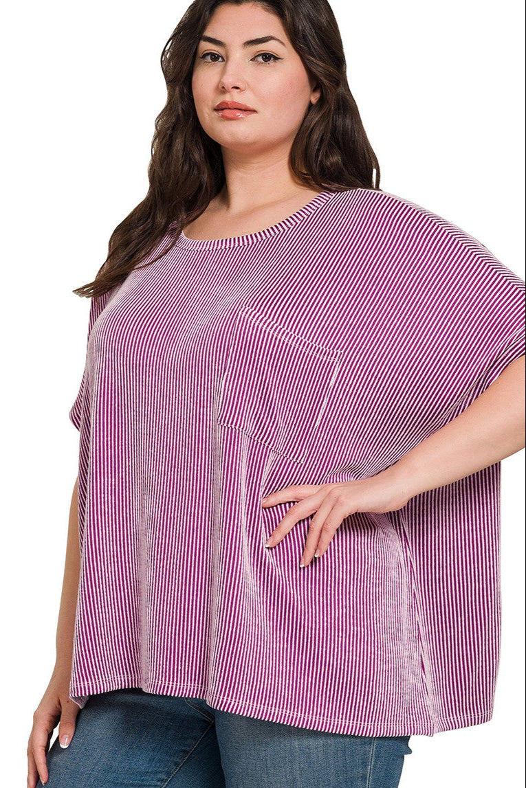Plus Plum Corded Rib Oversized Short-sleeve Top
