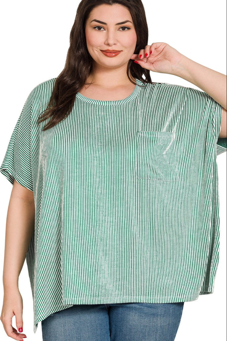 Plus Kelly Green Corded Rib Oversized Short-sleeve Top