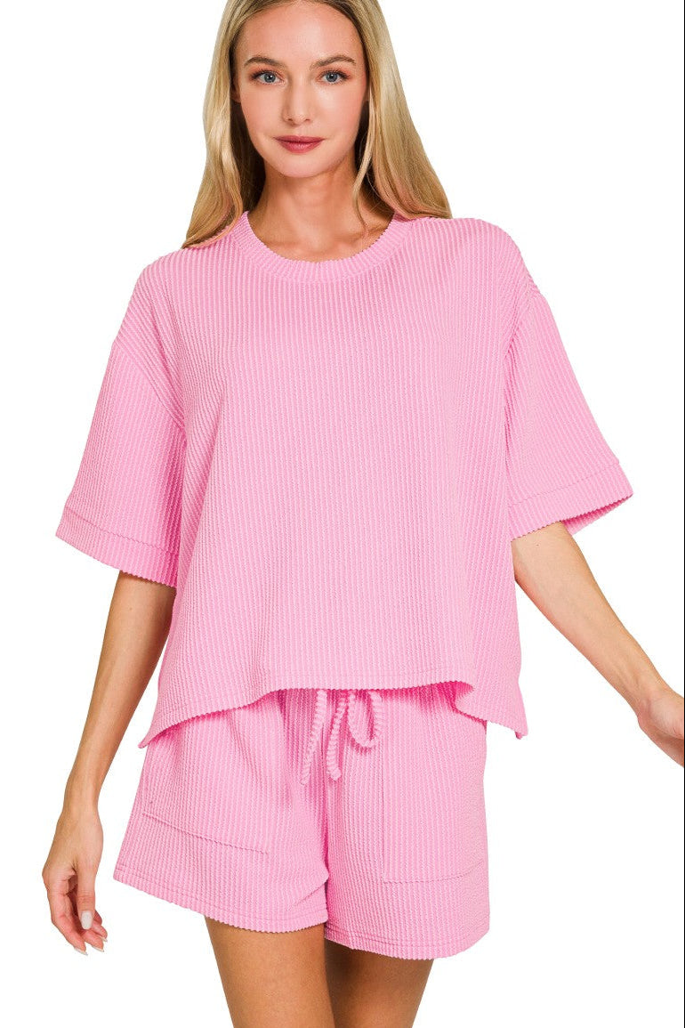 Pink Raised Rib Short Sleeve Tee & Short Pants Set