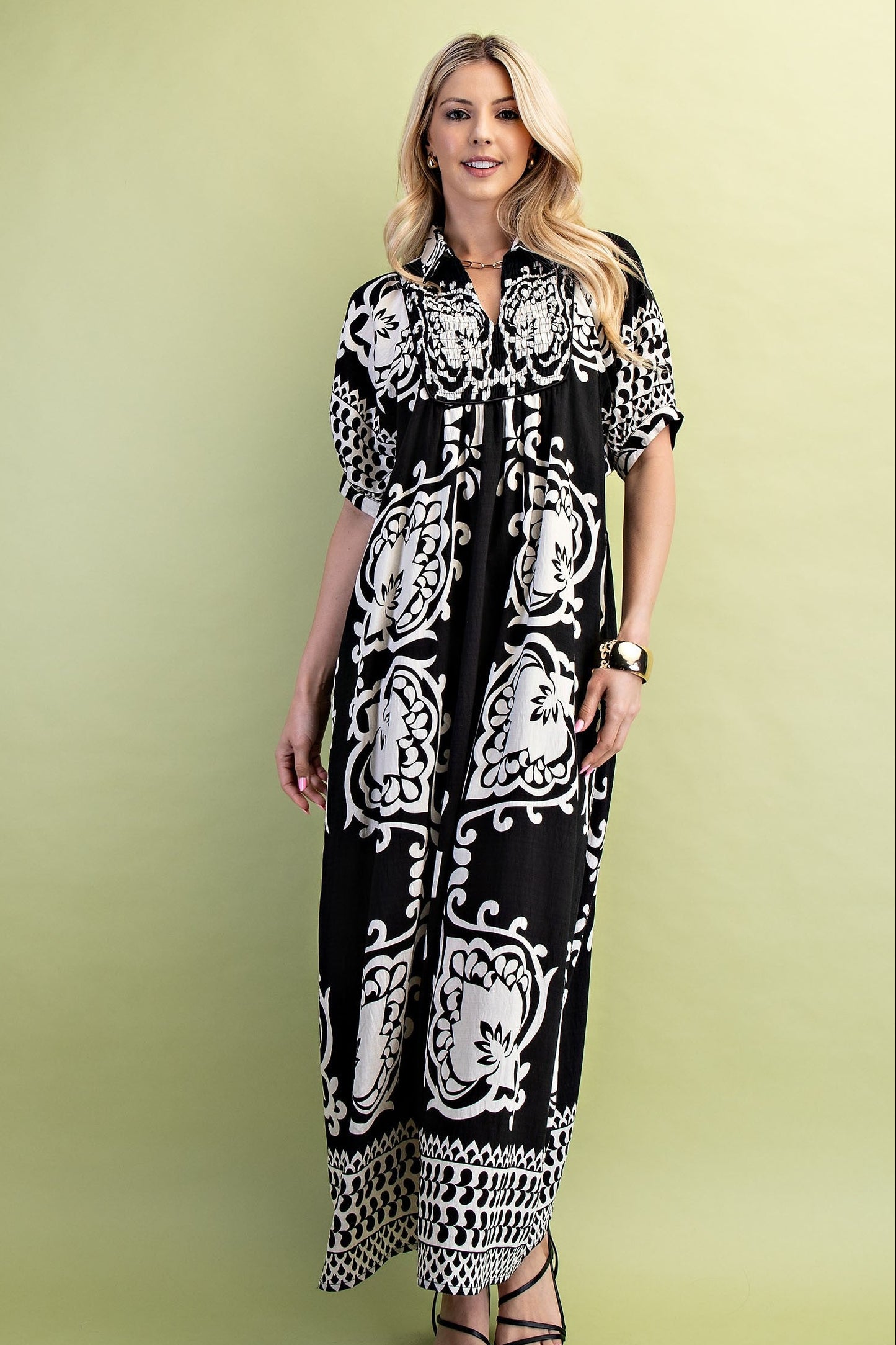 Black Mixed Print Short Puff Sleeve Midi Dress