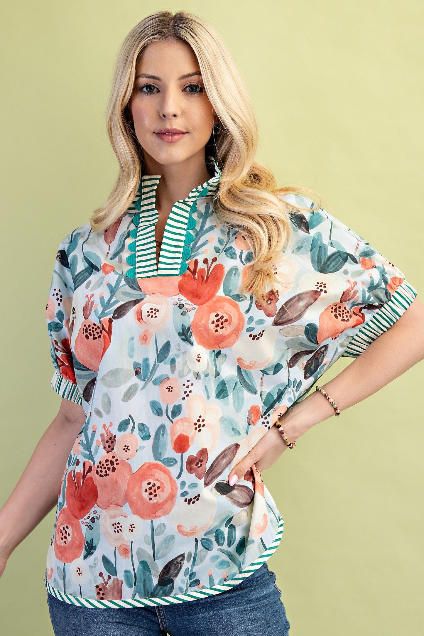 Green Mix Floral Mock-neck Top
