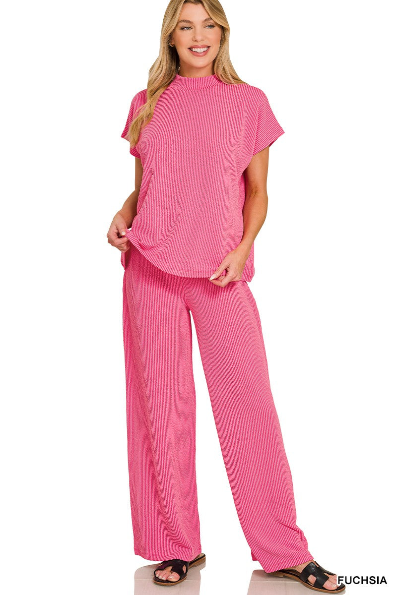 Fushia Raised Rib Short Sleeve Tee & Pant Set