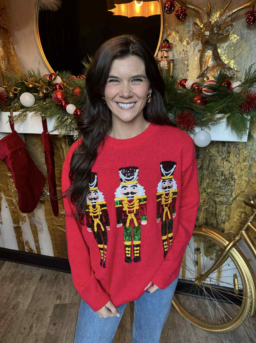 Red Sequin Nutcrackers Embroidery Christmas Sweater