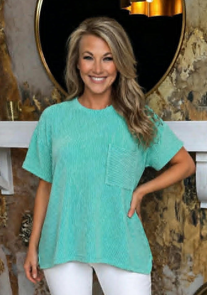 Turquoise Raised Rib Short Sleeve Front Pocket Top
