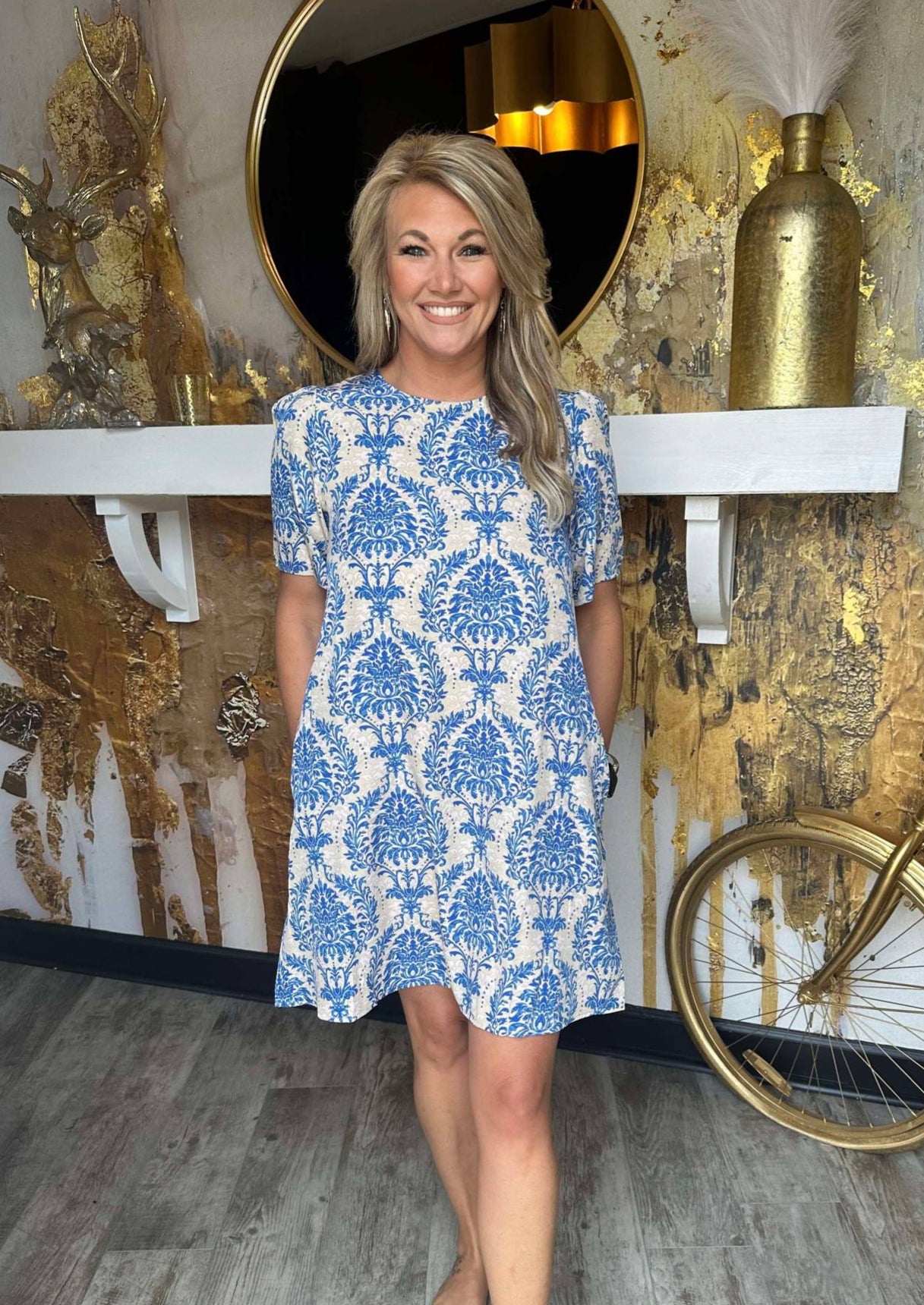 Blue Printed Short Sleeve Dress