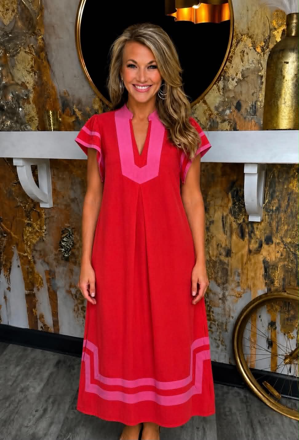 Red Linen Cotton Contrast Neckline Midi Dress
