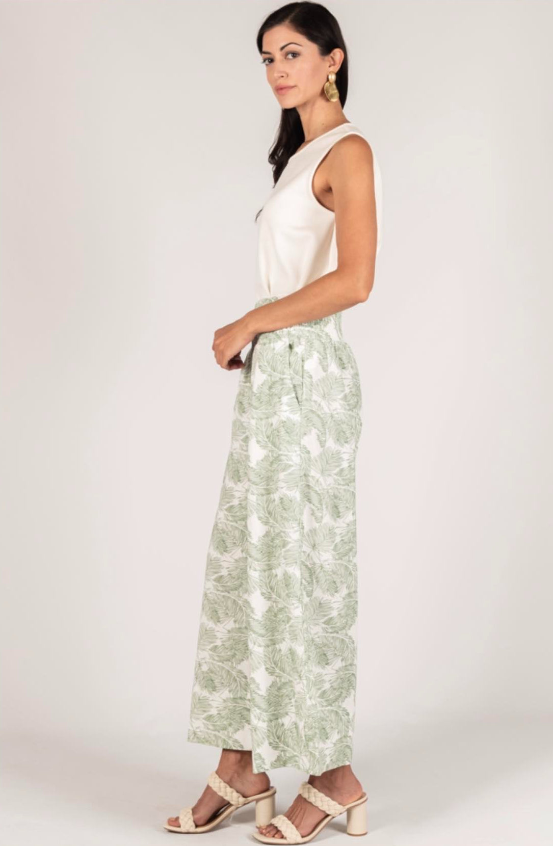 P.Cill Leaf Print Linen Wide Leg Pants