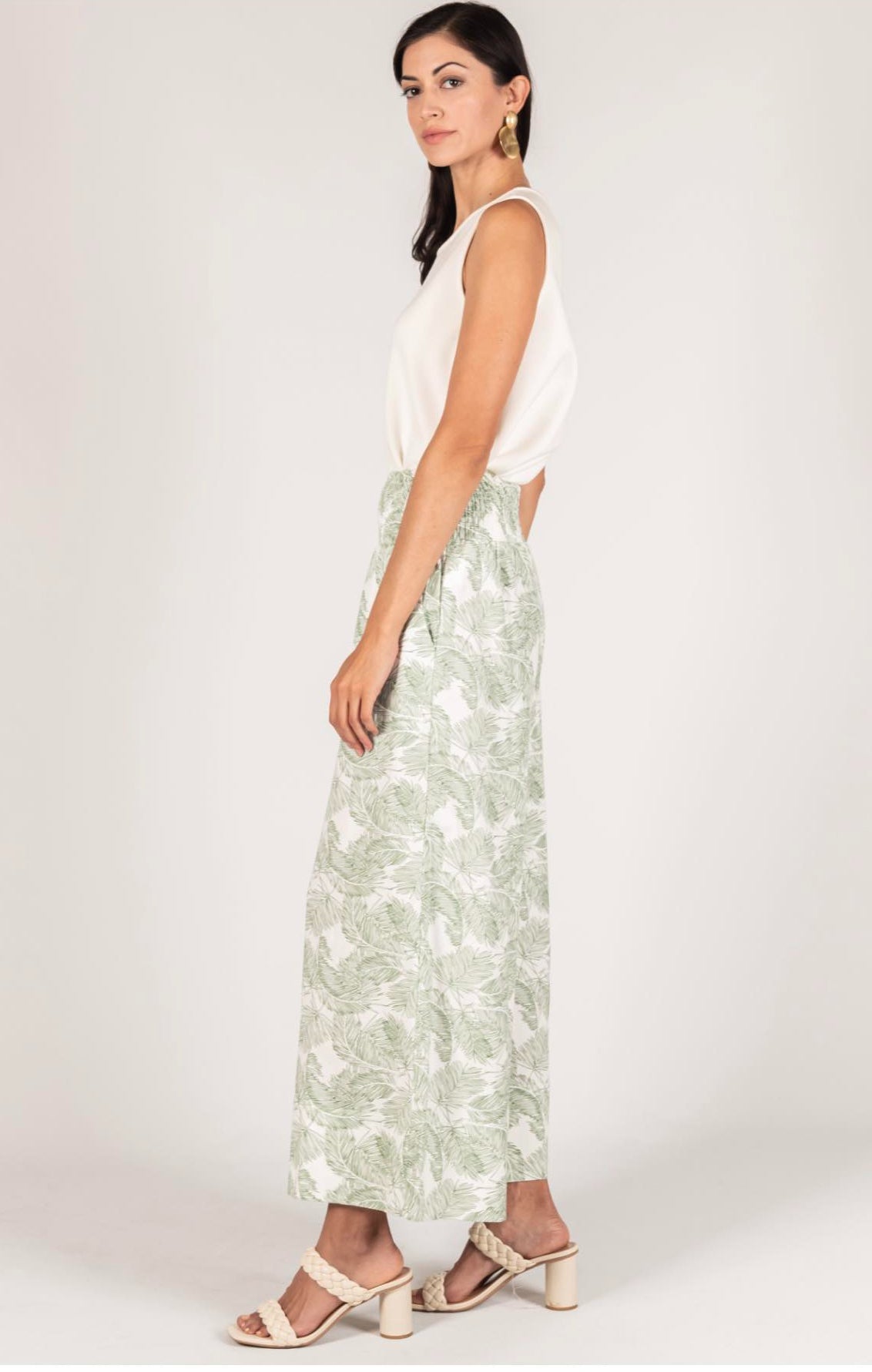 P.Cill Leaf Print Linen Wide Leg Pants