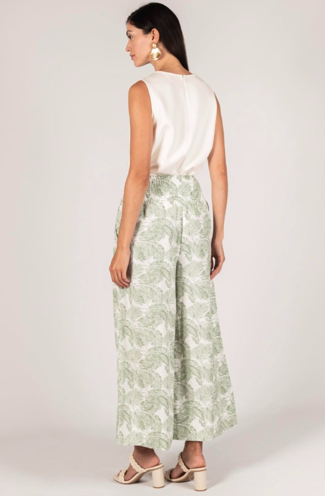 P.Cill Leaf Print Linen Wide Leg Pants