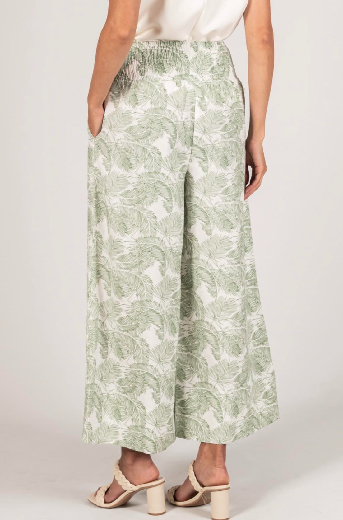 P.Cill Leaf Print Linen Wide Leg Pants