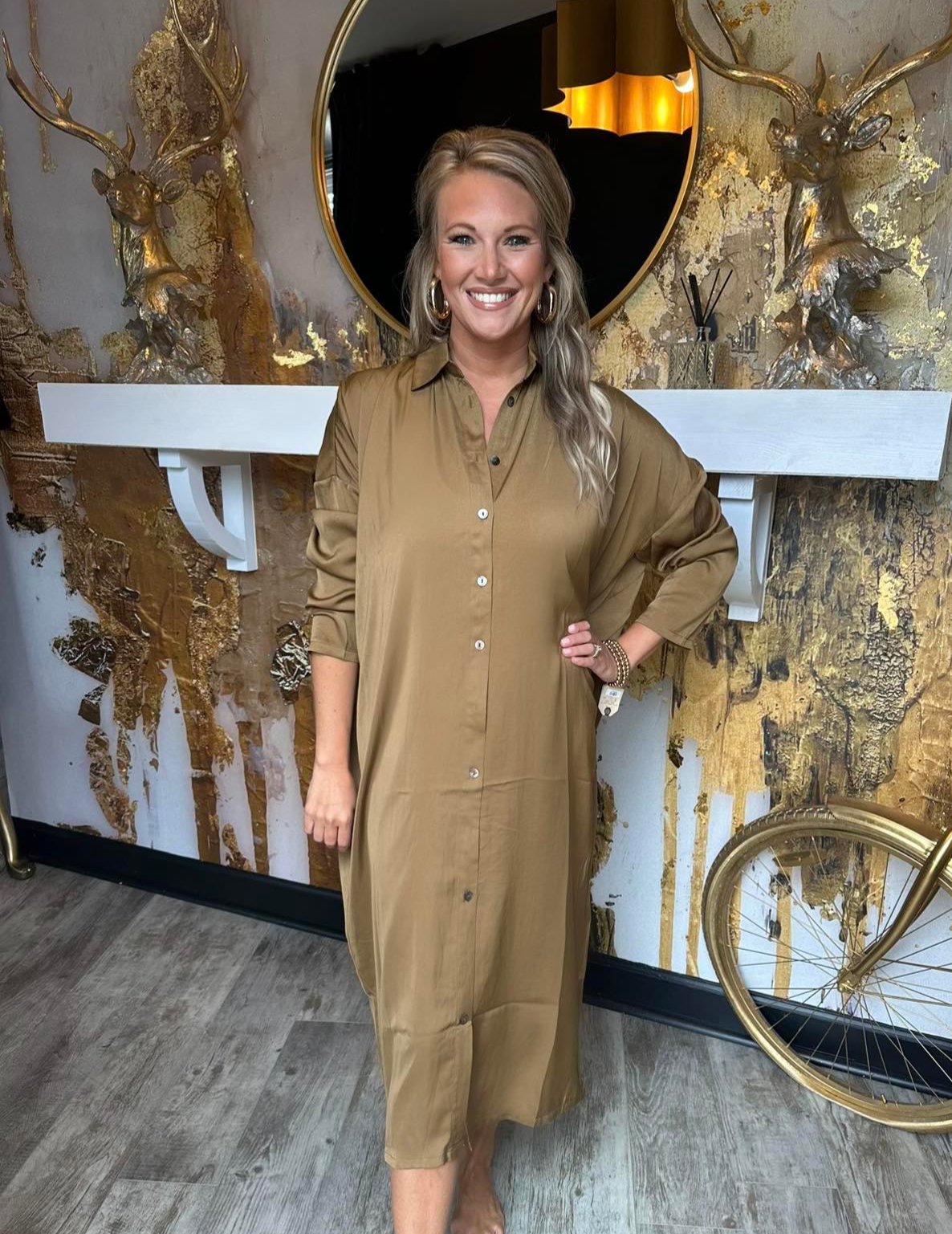 Olive Soft Sheen Satin Oversized Button Up Shirt Dress