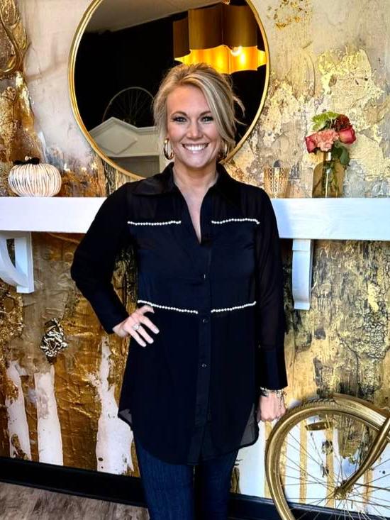 Black Satin Pearl Embellished Sheer Button Up Shirt