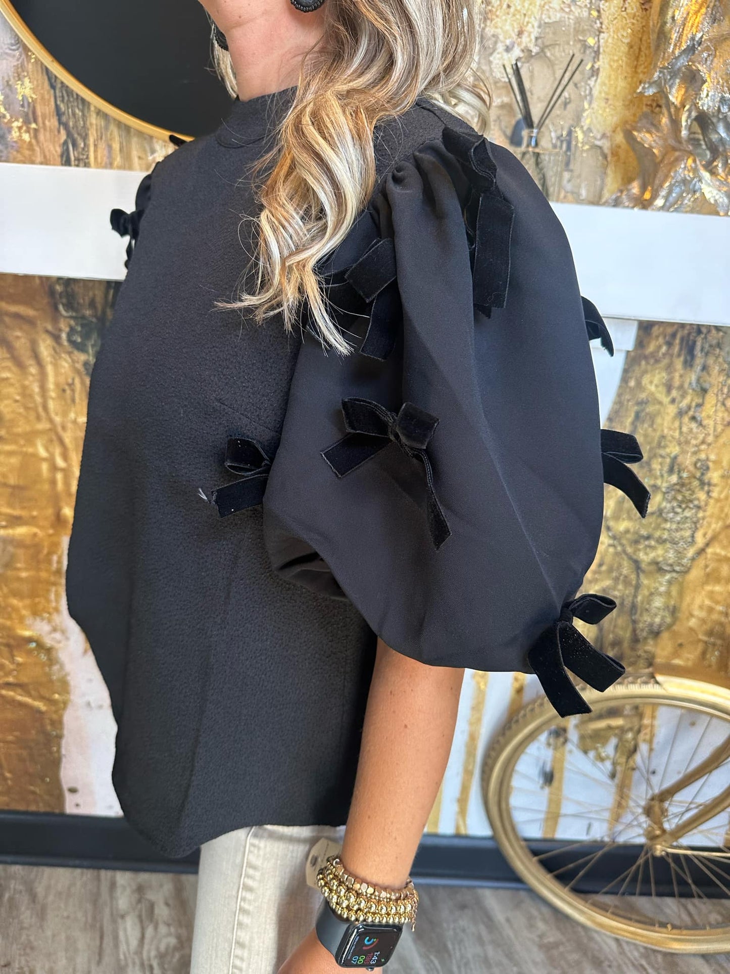 Puff Sleeve Velvet Bow Top