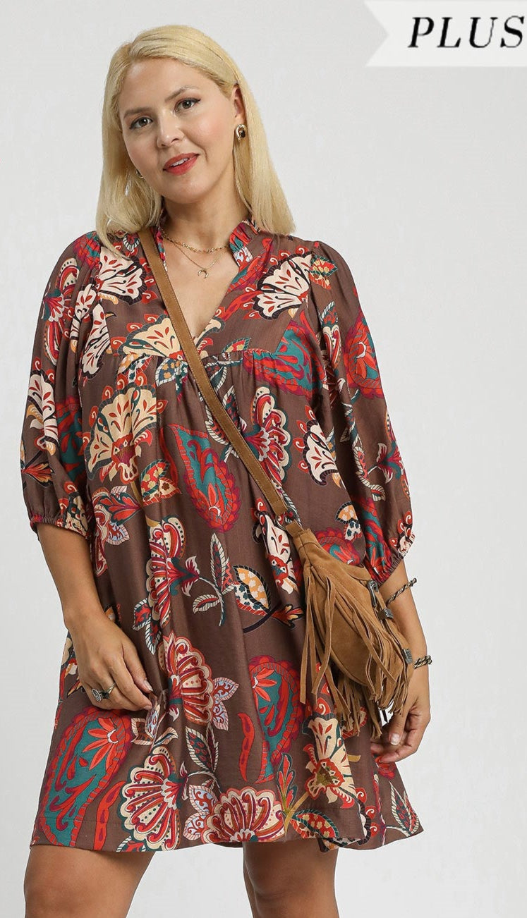 Brown Abstract Print Puff Sleeve Babydoll Dress