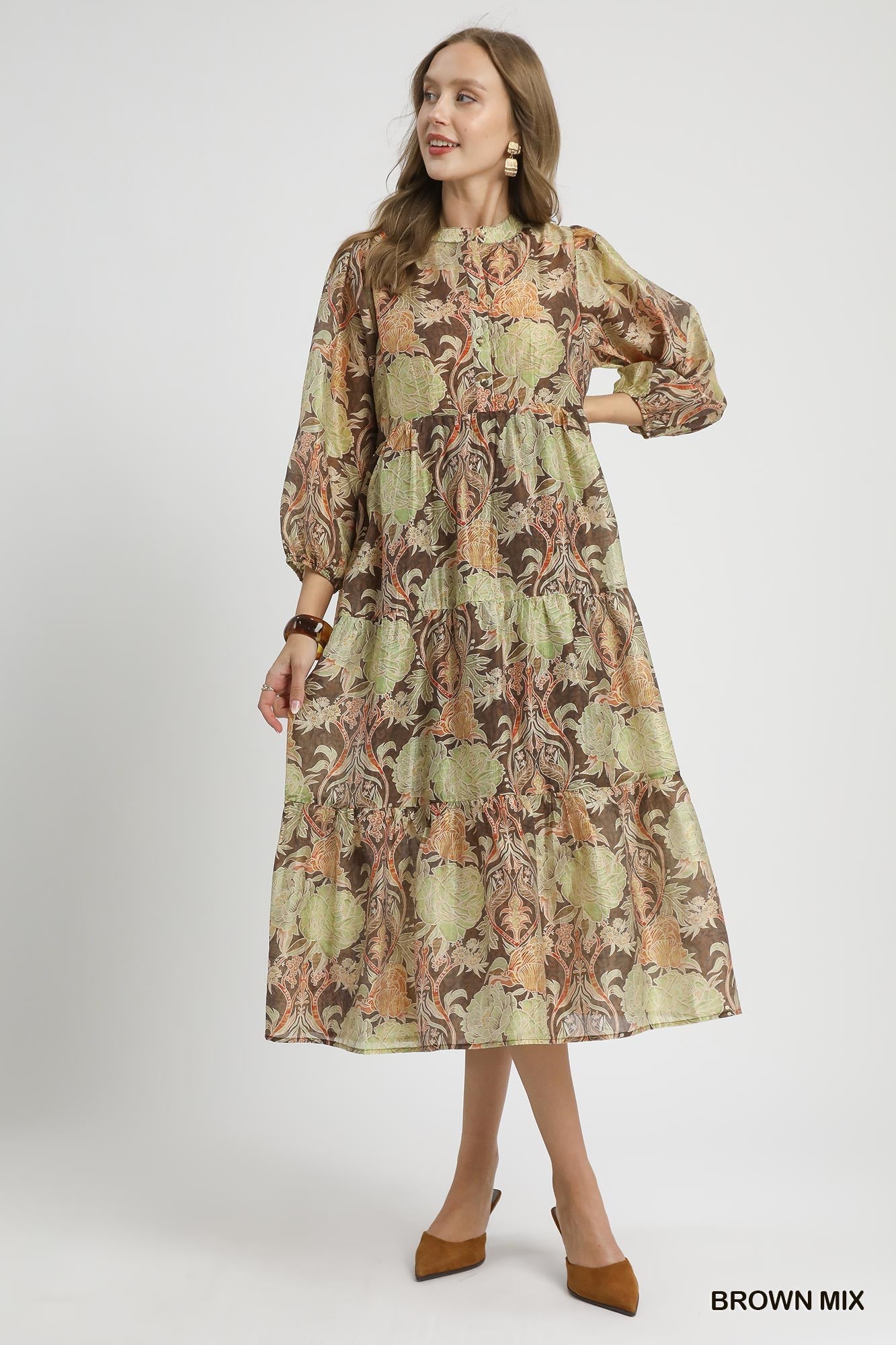 Brown Mix Floral Print Midi Dress