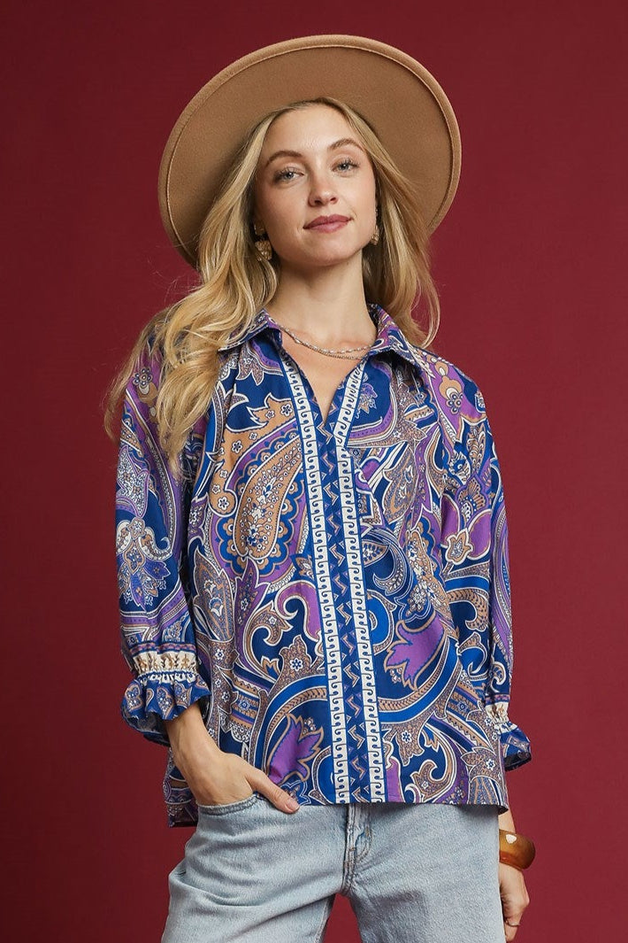 Purple Mix Paisley Print Button-Down Blouse