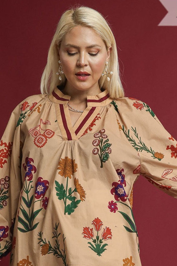 Tan Mix Floral Print V Neck Open Collar Top