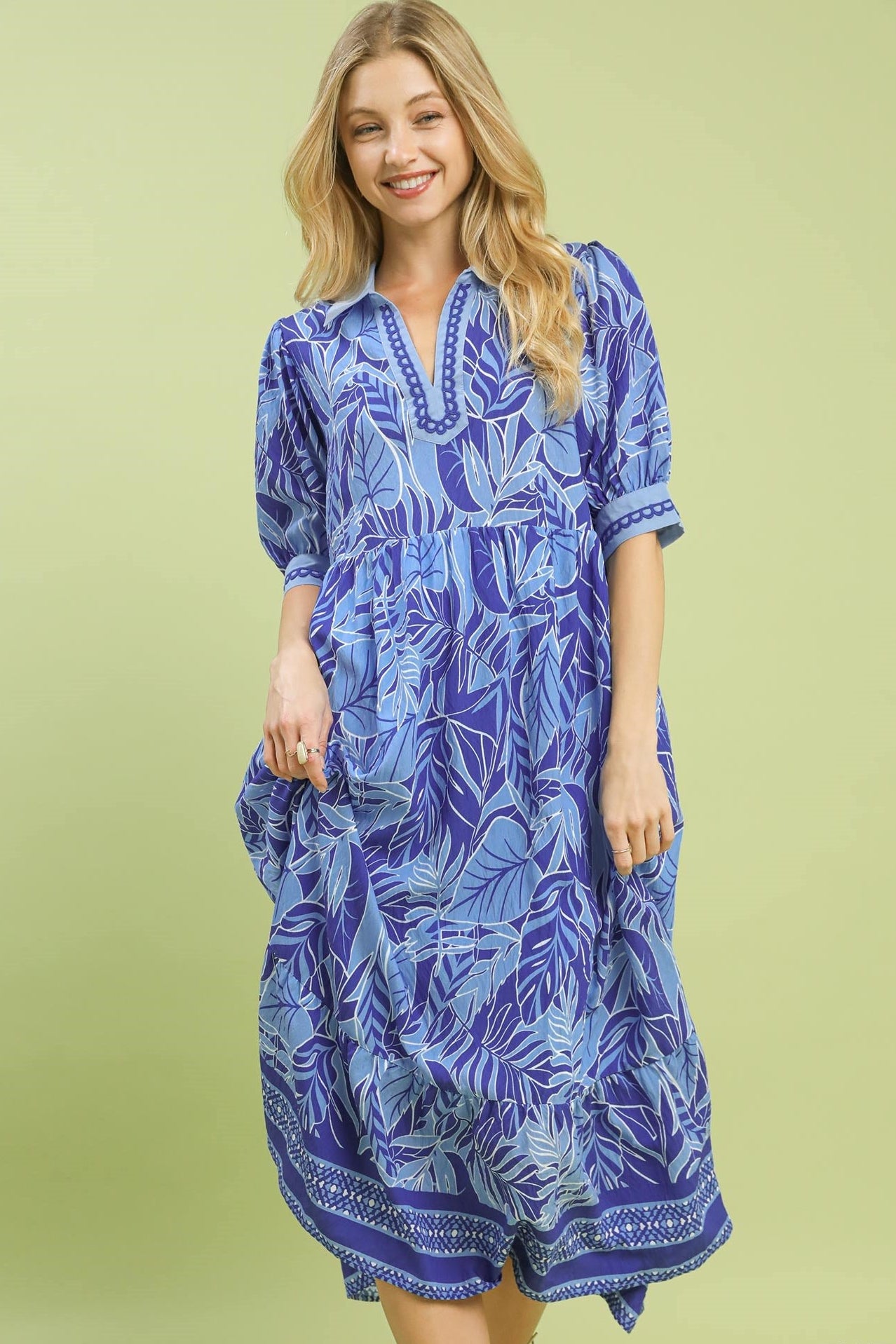 Blue Leafy Border Print V-Neck Midi Dress