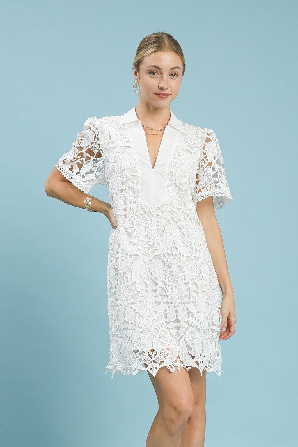 Off White Lace Overlay Mini Dress with Puff Sleeves