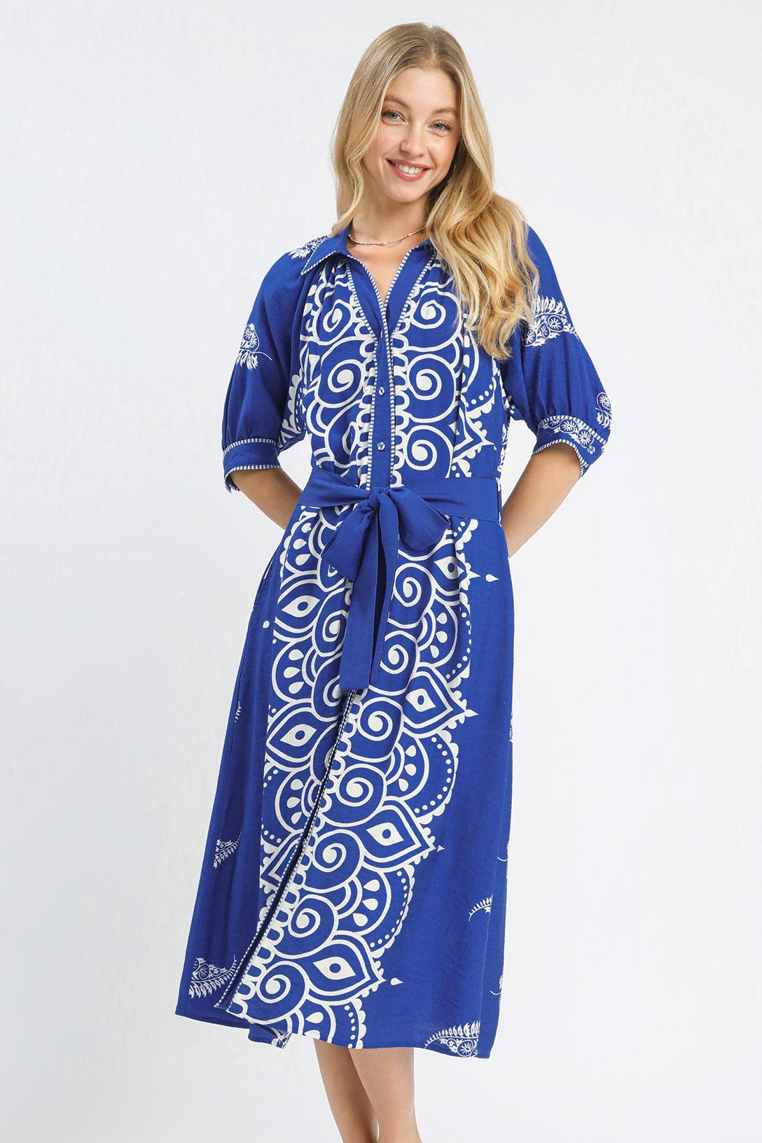 Azure Two Tone Paisley Border Print Maxi Dress