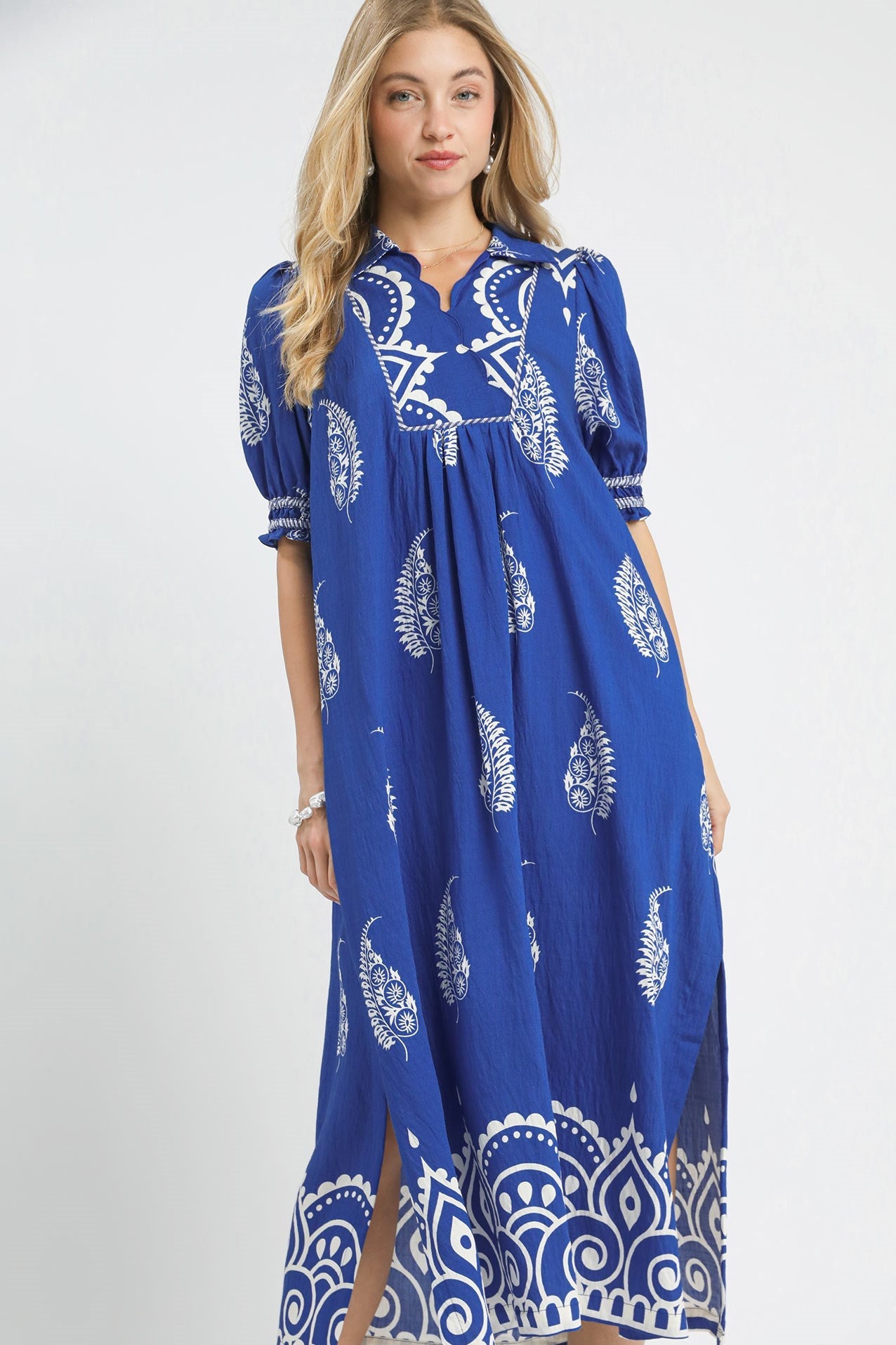 Azure Paisley Mandala Collared Maxi Dress