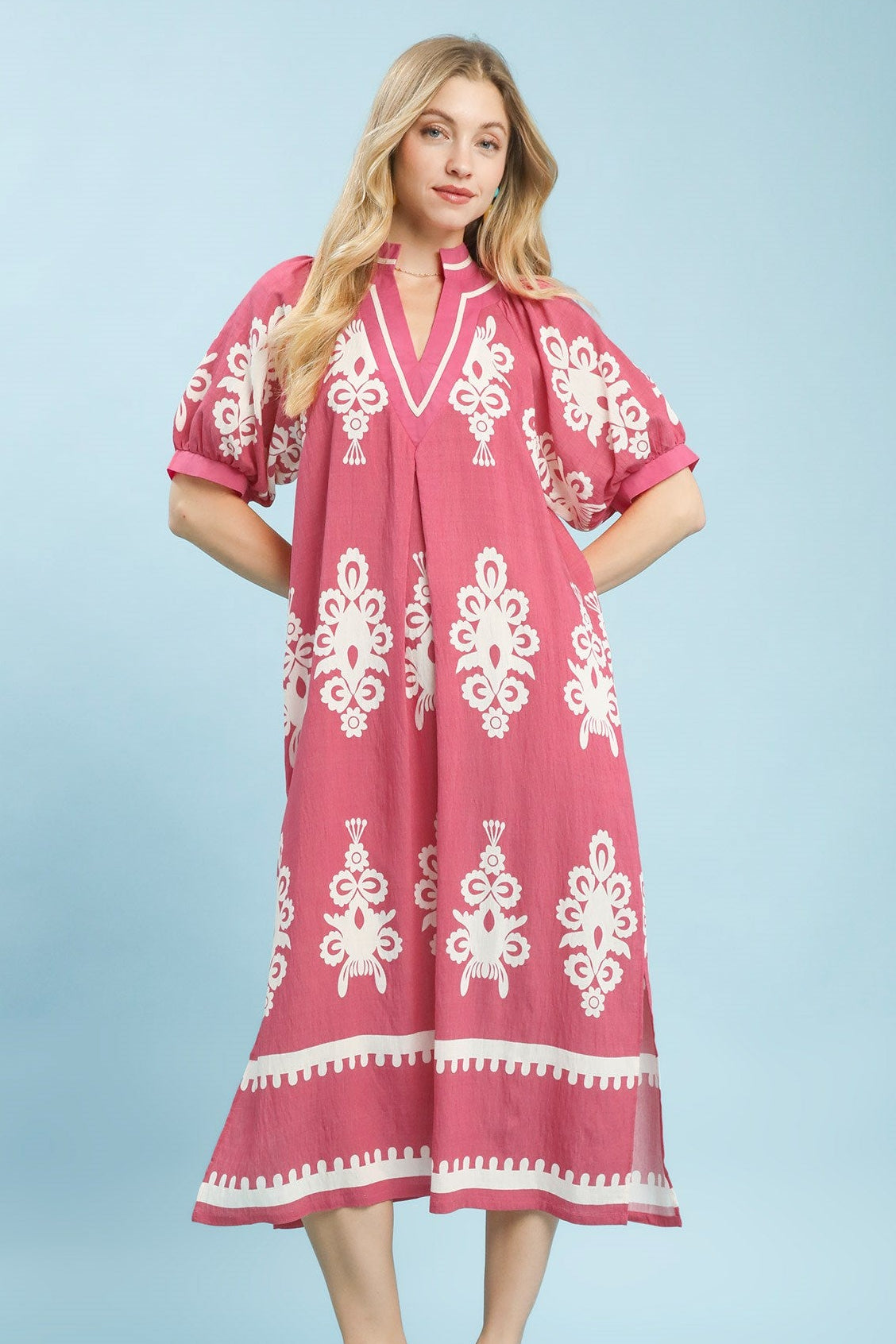 Pink Two Tone Border Print Midi Dress