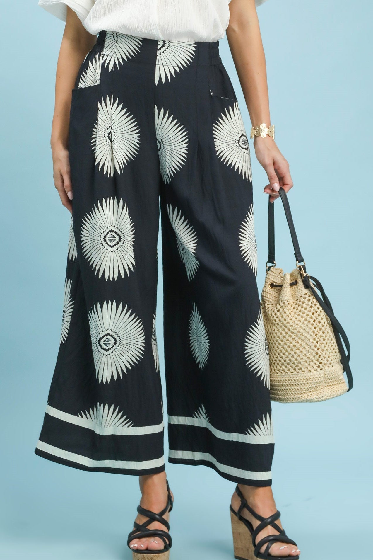 Black Abstract Border Print Wide Leg Pants