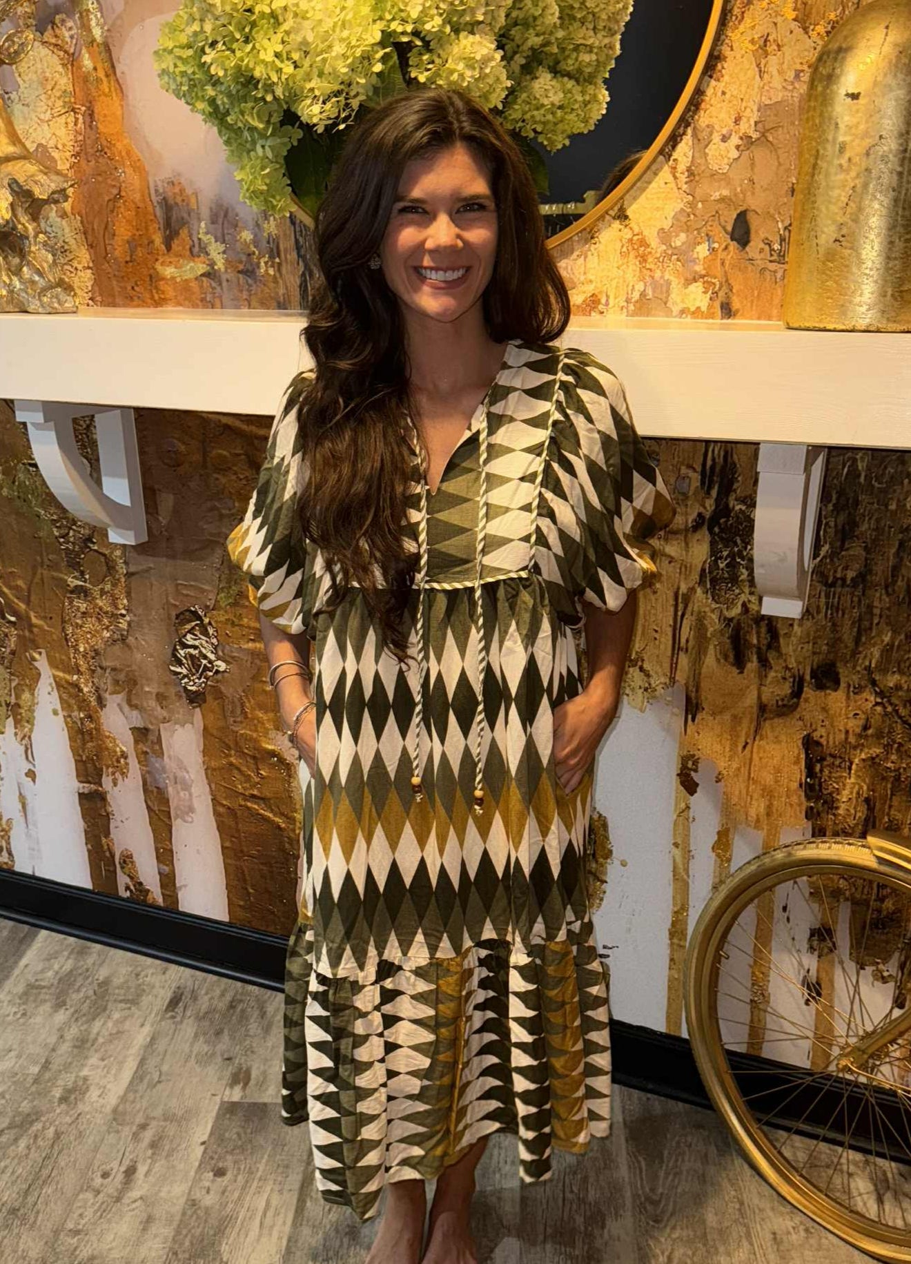 Olive Mix Diamond Print Midi Dress